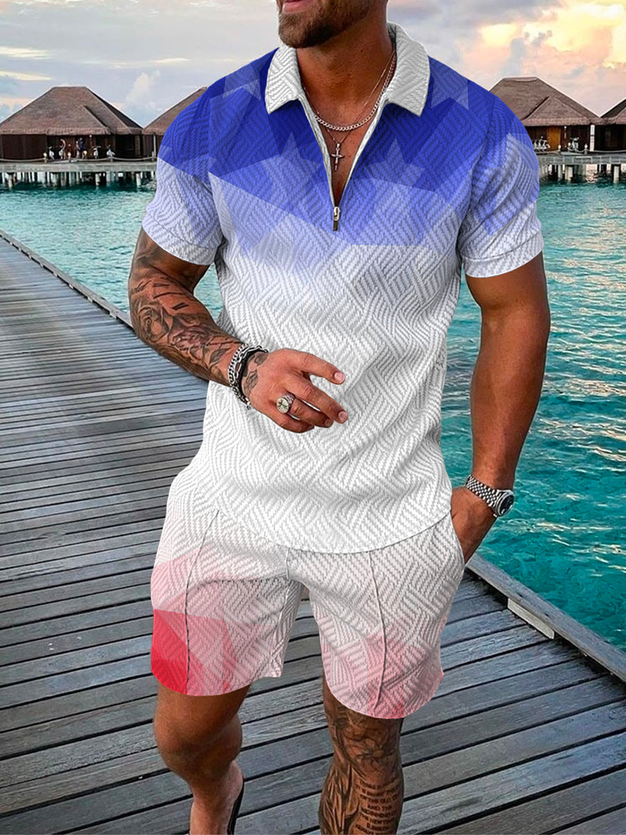 2023 New Men'S Shorts Set Sleeve Zip Polo Shirt Street T-Shirt Two Piece Casual Sportswear Ropa Hombre Vintage Print