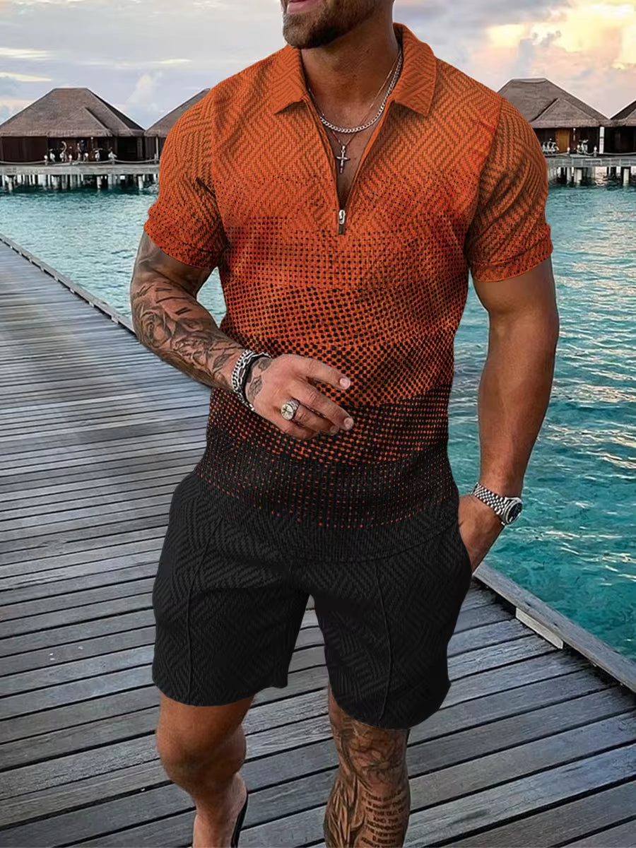 2023 New Men'S Shorts Set Sleeve Zip Polo Shirt Street T-Shirt Two Piece Casual Sportswear Ropa Hombre Vintage Print