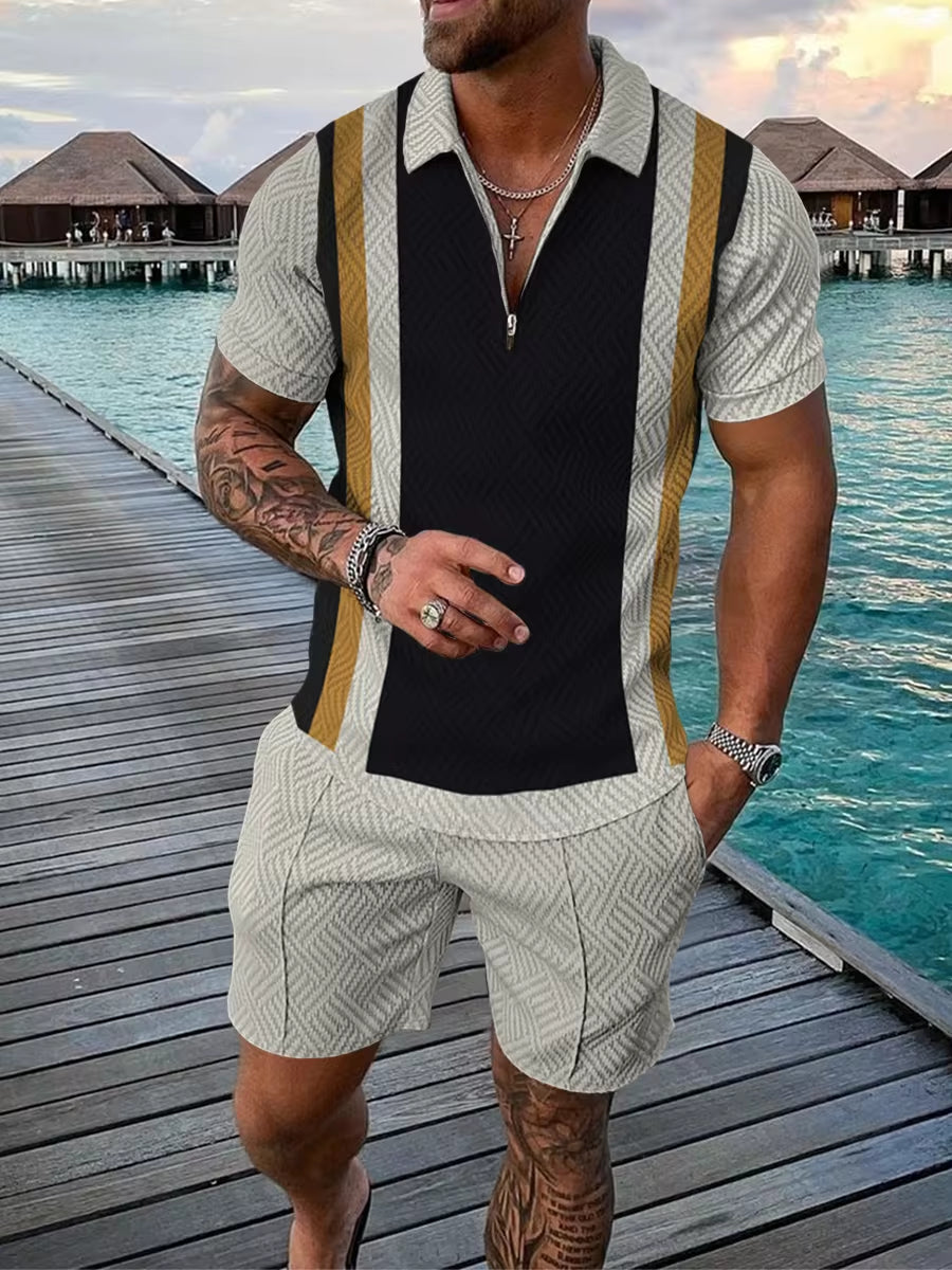 2023 New Men'S Shorts Set Sleeve Zip Polo Shirt Street T-Shirt Two Piece Casual Sportswear Ropa Hombre Vintage Print